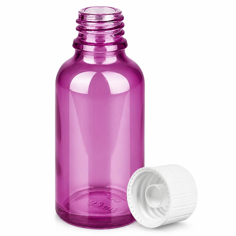 Frasco de vidro roxo de 30 ml com tampa de rosca branca para óleos essenciais e soros