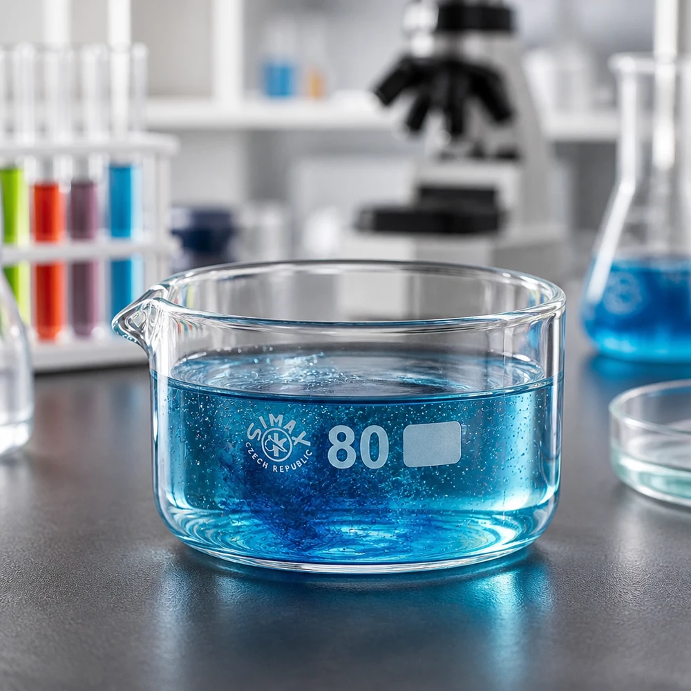 Taça de cristalização baixa de 150 ml, ø 80 mm, com líquido azul e bico vertedor em vidro borossilicato