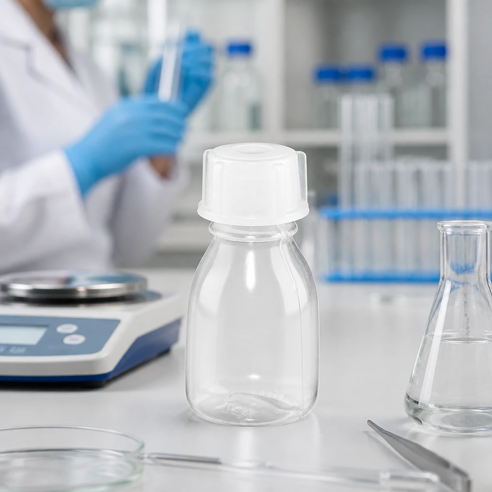 Frasco de 10ml com tampa de rosca, frasco de laboratório com gargalo estreito Frasco de 10 ml com tampa de rosca e gargalo estreito sobre uma balança de laboratório, ao lado de um frasco de Erlenmeyer e de uma pinça, no laboratório