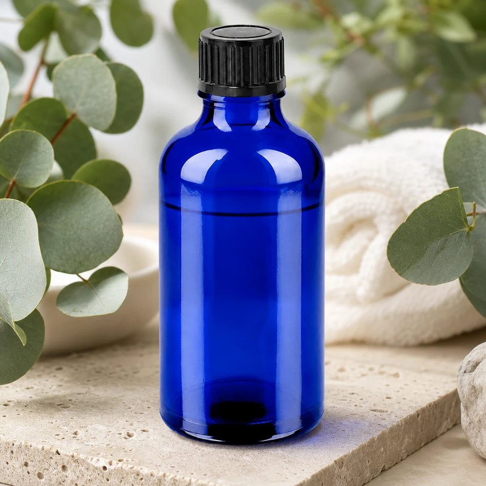 Frasco de vidro de alta qualidade de 50 ml em azul brilhante com tampa de rosca preta profissional