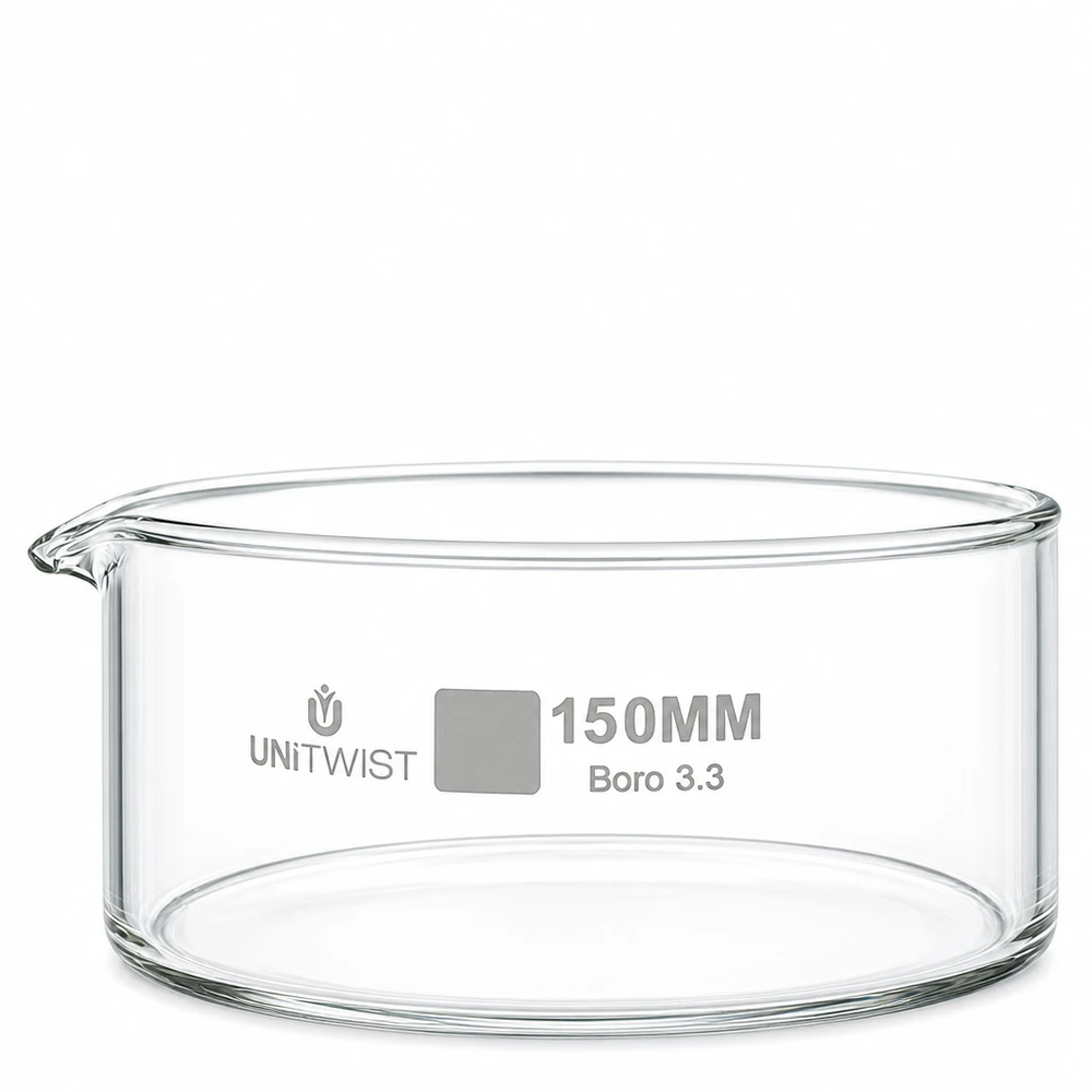 Placa de cristalização ø150mm em vidro borossilicato UNiTWIST Taça de cristalização de 150 mm em vidro borossilicato UNiTWIST, transparente, cilíndrica, com bico de vertimento