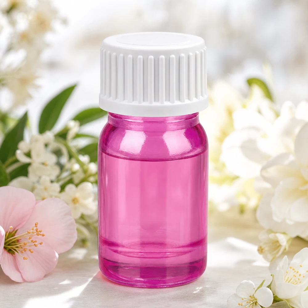Frasco de 5 ml (glóbulo) com anel de vazamento de 3 mm branco padrão PurpleLine UT18/5 Frasco de vidro compacto de 5 ml em cor-de-rosa com rosca branca para aromaterapia móvel em movimento