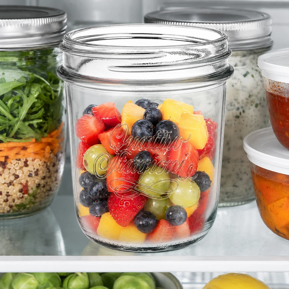 320ml Sturzglas "Quattro Stagioni" QS86mm Copos Quattro Stagioni de 320 ml com salada de fruta colorida no frigorífico, frasco de conserva para preparar e guardar refeições