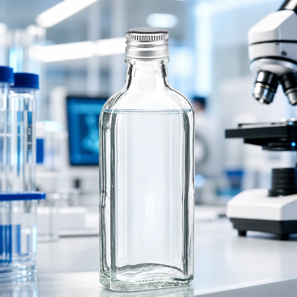 Frasco de vidro pequeno Meplat, 100 ml, transparente, com tampa de rosca de alumínio prateada PP22, para utilização em laboratório