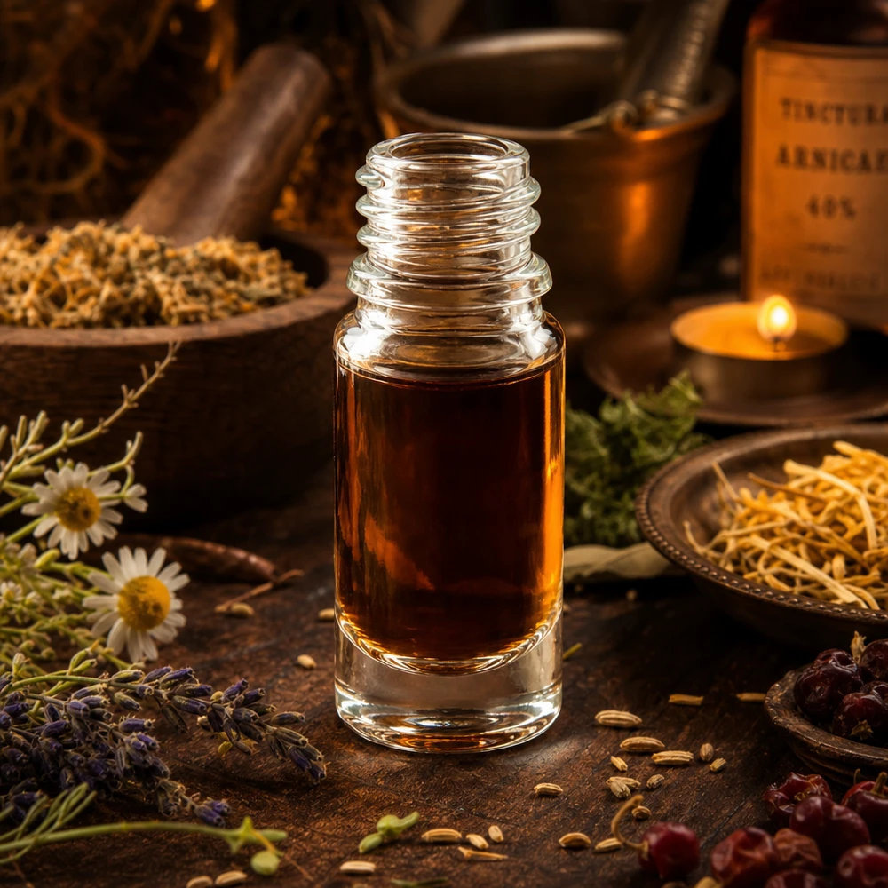 Frasco de vidro transparente 5ml DIN 18 Frasco de farmácia ApoGlas de 5 ml entre ervas medicinais e flores de camomila num ambiente quente de naturopatia