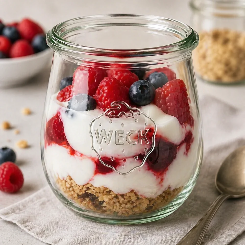 Frasco tulipa de 220ml WECK RR60 Frasco tulipa WECK 220ml RR60 como frasco de sobremesa com iogurte, frutos silvestres e granola para uma porção e apresentação perfeitas