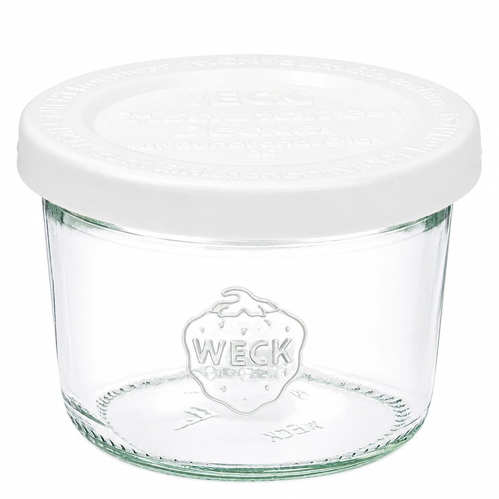 Copos WECK de 80 ml com tampa de frescura branca RR60 em vidro transparente com o logótipo WECK para conservação e armazenamento