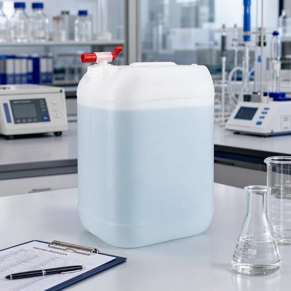 Bidão azul-claro de 25 litros com torneira vermelha sobre uma mesa de laboratório branca, ao lado de um frasco de Erlenmeyer