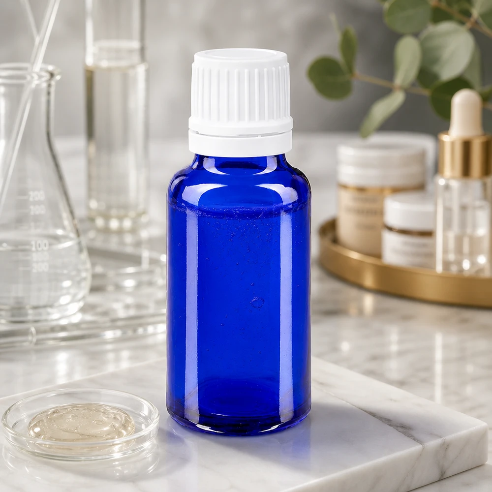 Frasco de farmácia azul de 20 ml com tampa de segurança branca sobre uma placa de mármore num ambiente de laboratório