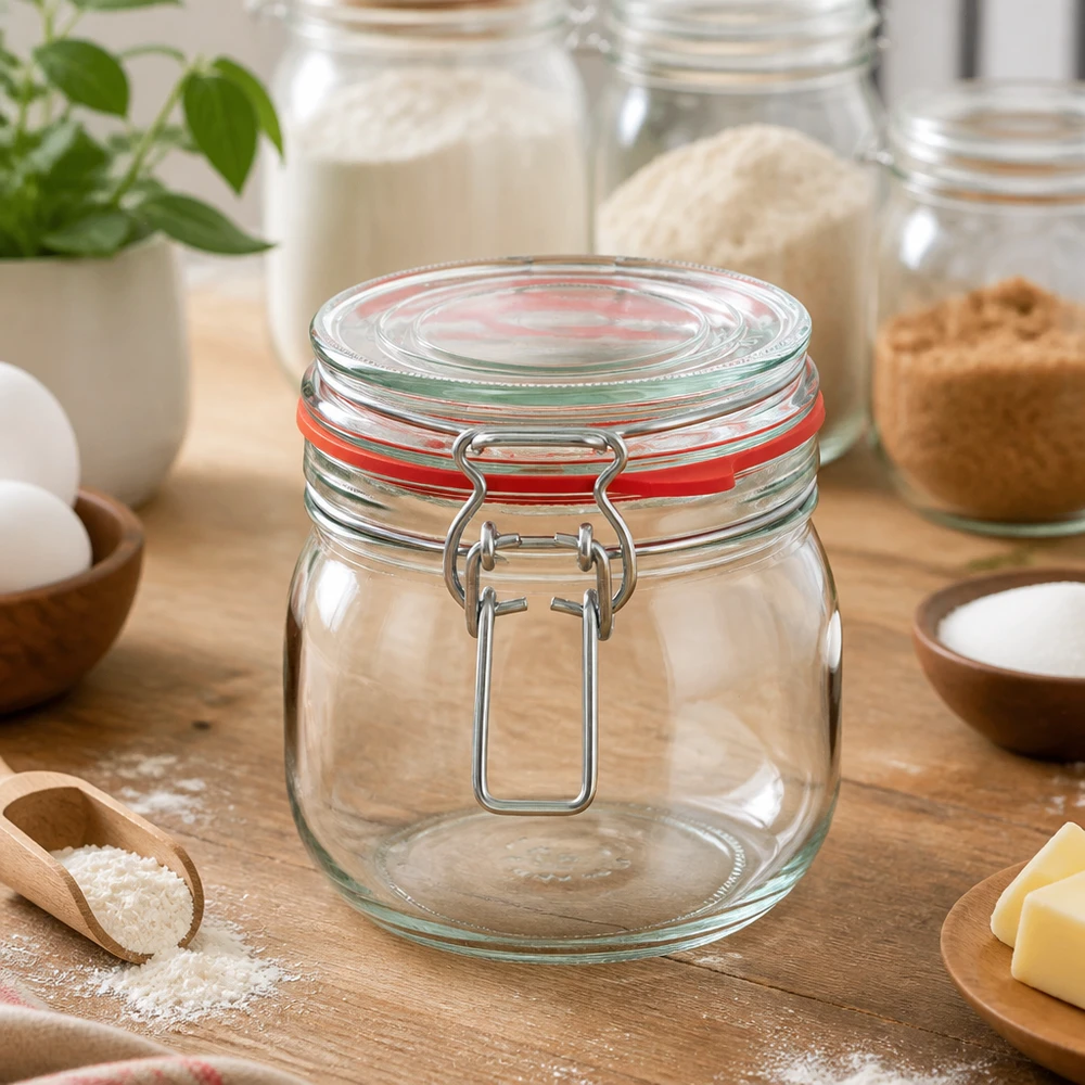 Frasco de conservação de 634 ml, tipo G, com tampa de alça UN.. Frasco de armazenamento transparente de 634 ml com tampa flip-top ideal para farinha, açúcar e ingredientes de pastelaria
