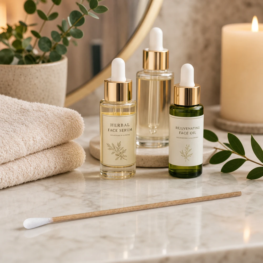 Cotonetes não esterilizados com cabo de madeira, junto ao espelho, ao lado do Soro Facial à Base de Ervas e do Óleo Facial Rejuvenescedor