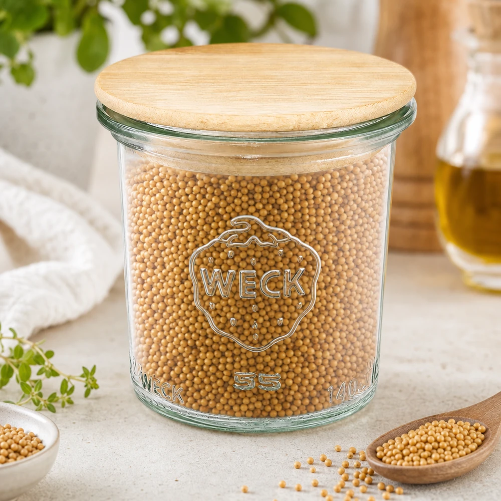 Copos de vidro de 140 ml WECK RR60 com tampa de madeira Os copos WECK RR60 de 140 ml cheios de sementes de soja demonstram a versatilidade da utilização de leguminosas e especiarias