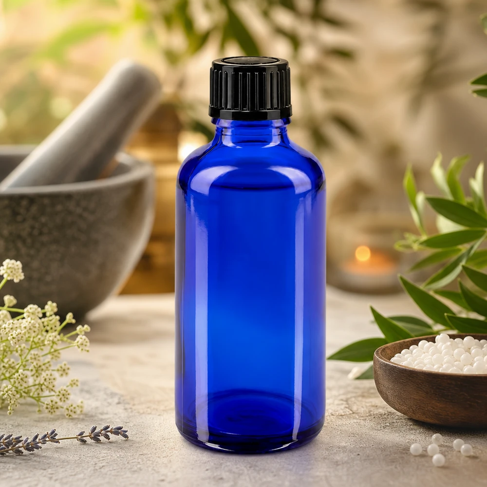 Frasco de farmácia de vidro azul de 50 ml com tampa preta padrão, em frente a um almofariz e um pilão
