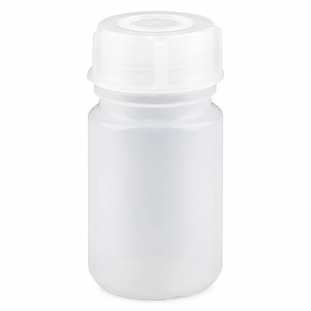 Frasco de laboratório de 50 ml, de gargalo largo, em plástico transparente, com tampa de rosca branca
