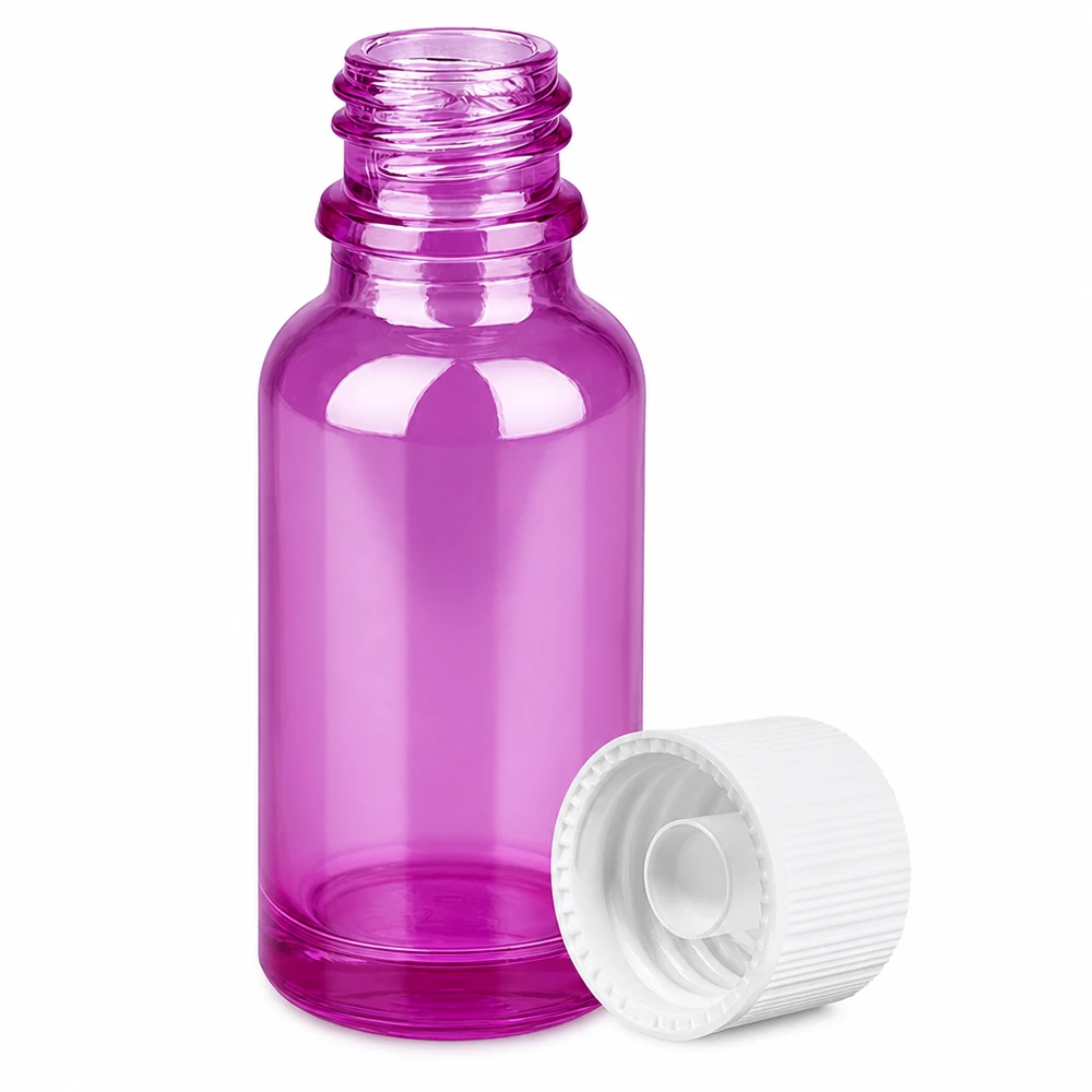 Frasco de vidro pequeno de 20 ml em roxo com rosca de 11 mm e tampa branca para aromaterapia