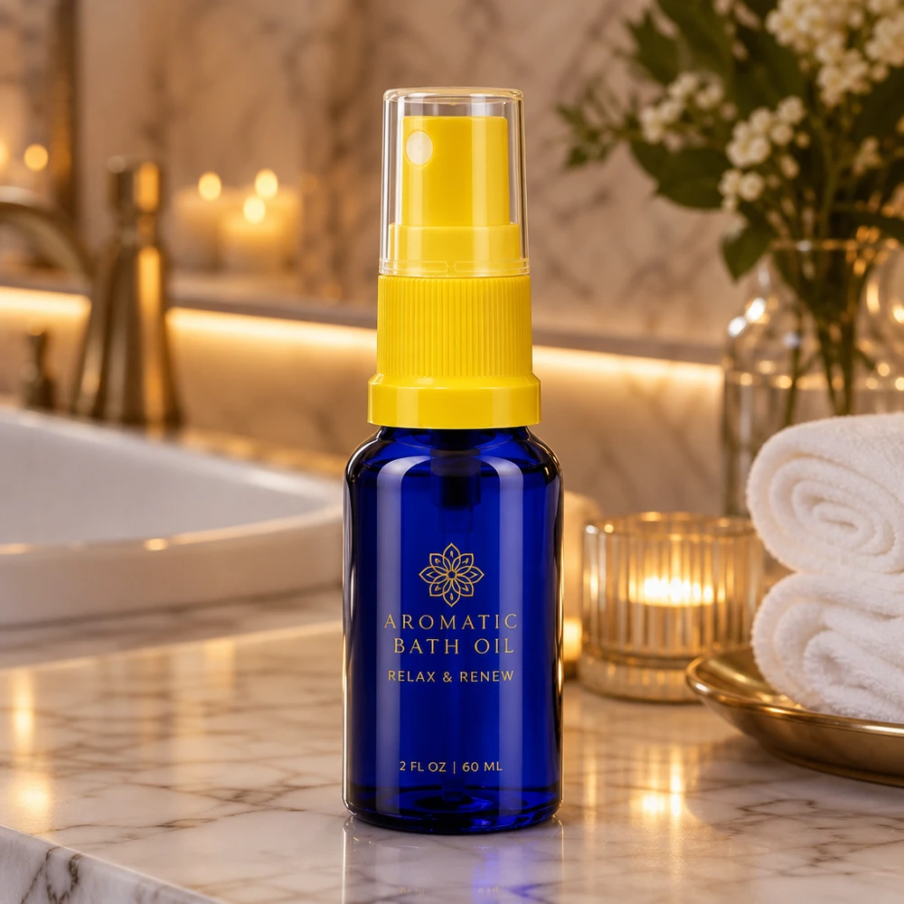 Frasco de farmácia azul de 10 ml com proteção UV e pulverizador amarelo, ideal para óleos de banho e aromaterapia