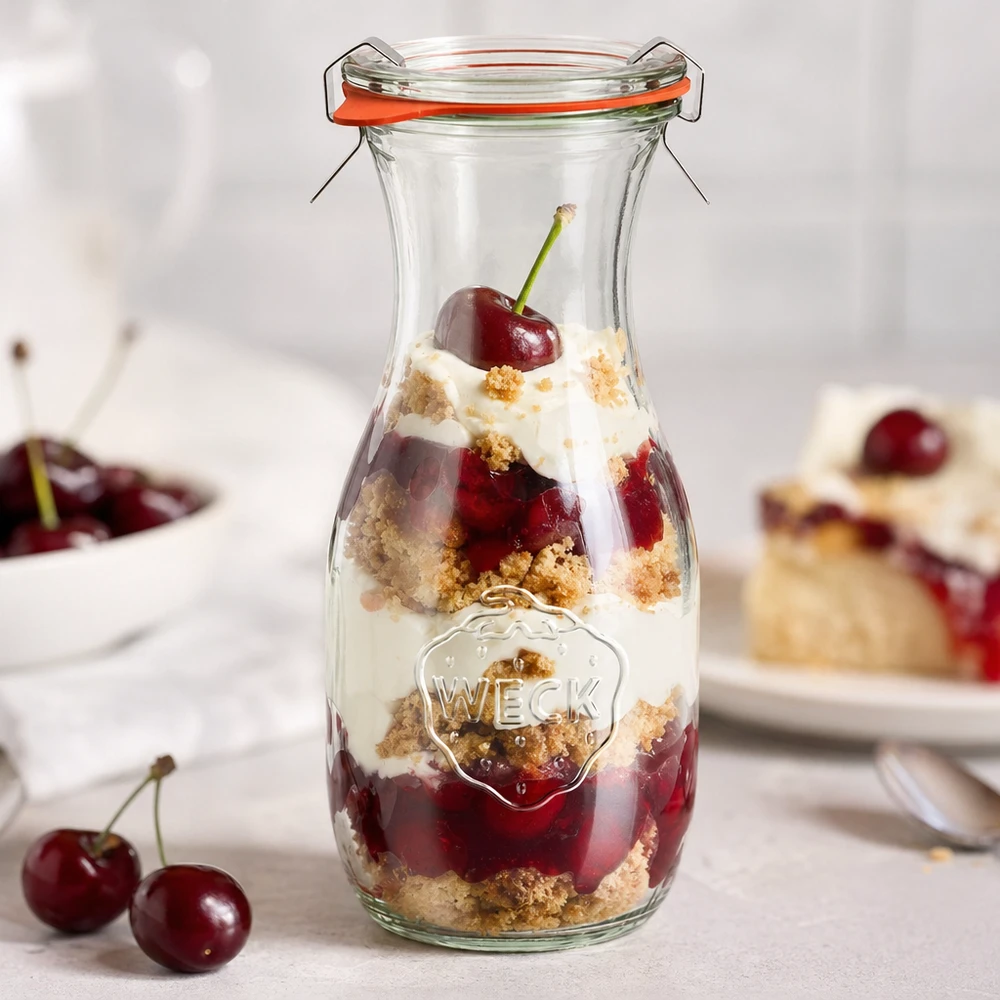 Garrafa de sumo WECK de 530 ml RR60 como jarro de sobremesa cheio de sobremesa com camadas de cereja e creme junto a cerejas frescas
