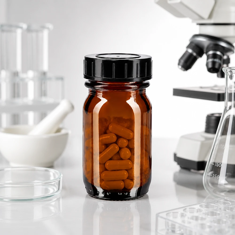 Frascos compactos de vidro âmbar de 30 ml com abertura larga, ideais para aplicações laboratoriais