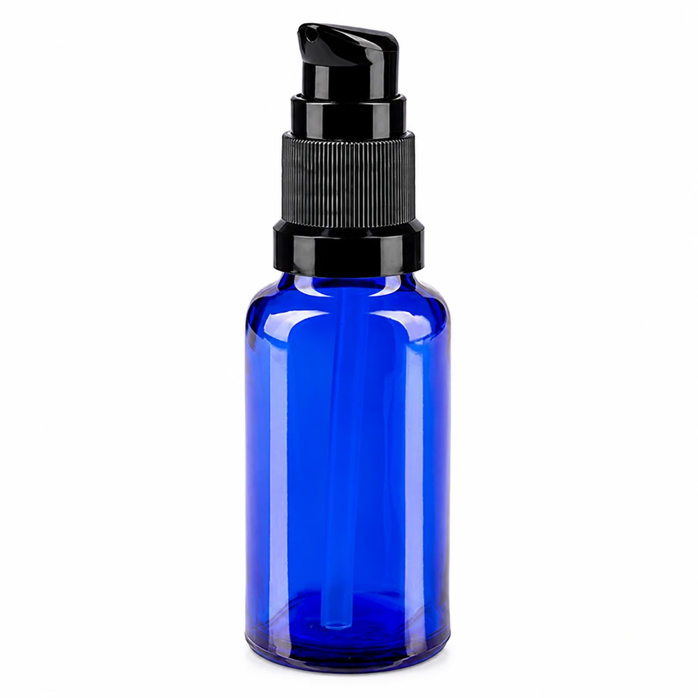 Frasco de vidro azul de 20 ml com bomba preta para séruns e óleos, fabricado em vidro farmacêutico de alta qualidade