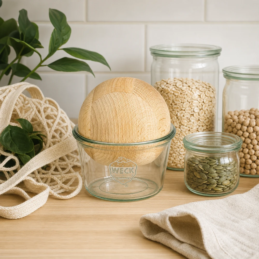 370ml Sturzglas WECK RR100 mit Holzkugel Buche Frasco de arrumação WECK 370ml RR100 sustentabilidade desperdício zero cozinha bola faia frascos de arrumação legumes estilo de vida ecológico