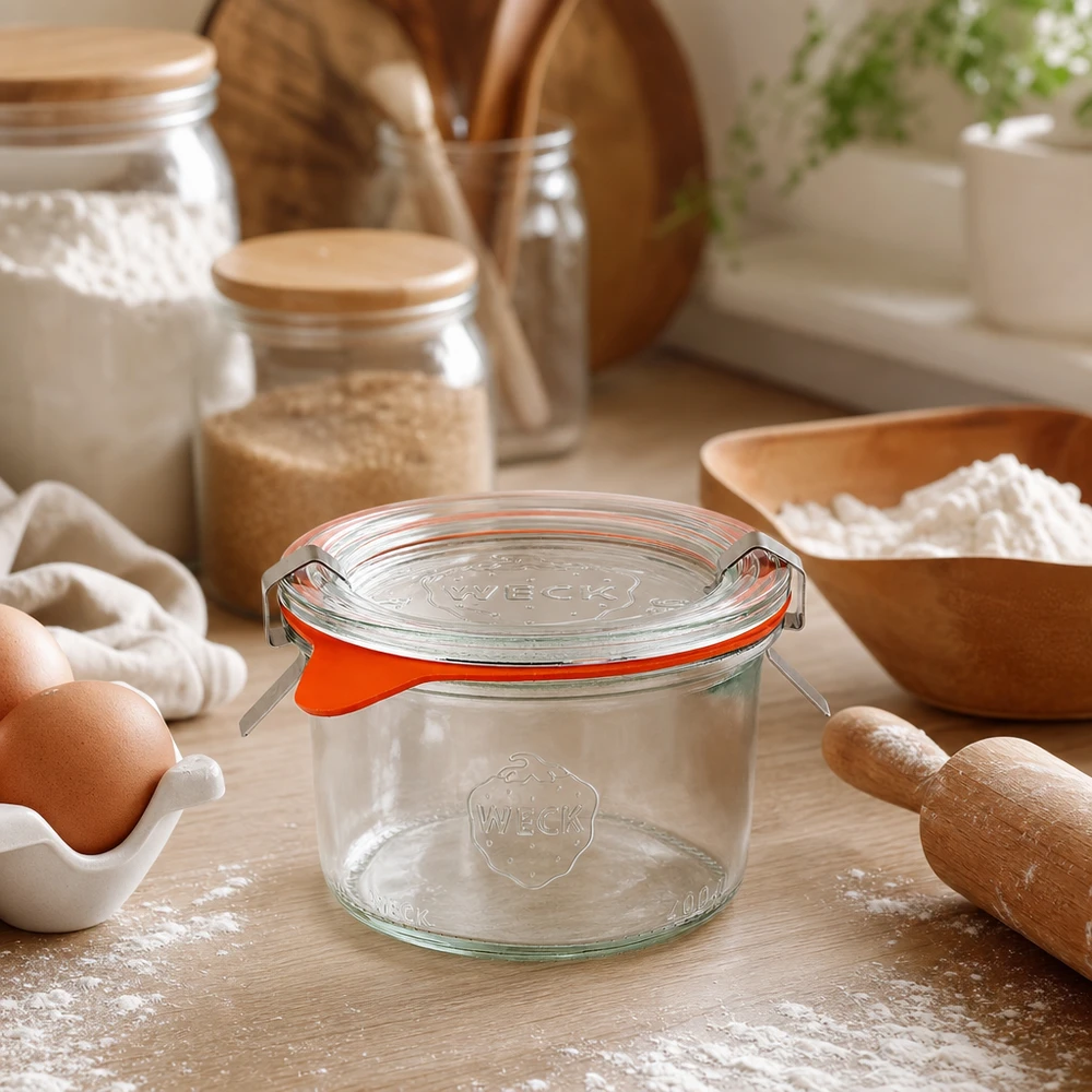 Copos WECK 200 ml RR80 numa cena de cozinha com ingredientes de pastelaria, farinha, ovos e utensílios de madeira para pastelaria e cozinha