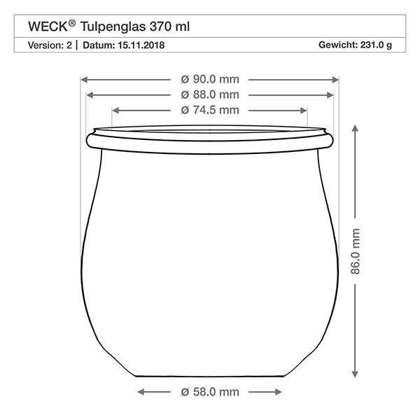 370ml Tulpenglas WECK RR80 mit Holzdeckel Desenho técnico do frasco de tulipa WECK RR80 370ml com dimensões e especificações do produto, peso 231g