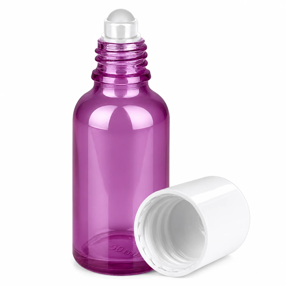 Frasco roll-on de 30ml branco padrão PurpleLine UT18/30 Frasco roll-on de vidro roxo de 30 ml com aplicador de bola de rolo ideal para óleos essenciais e séruns
