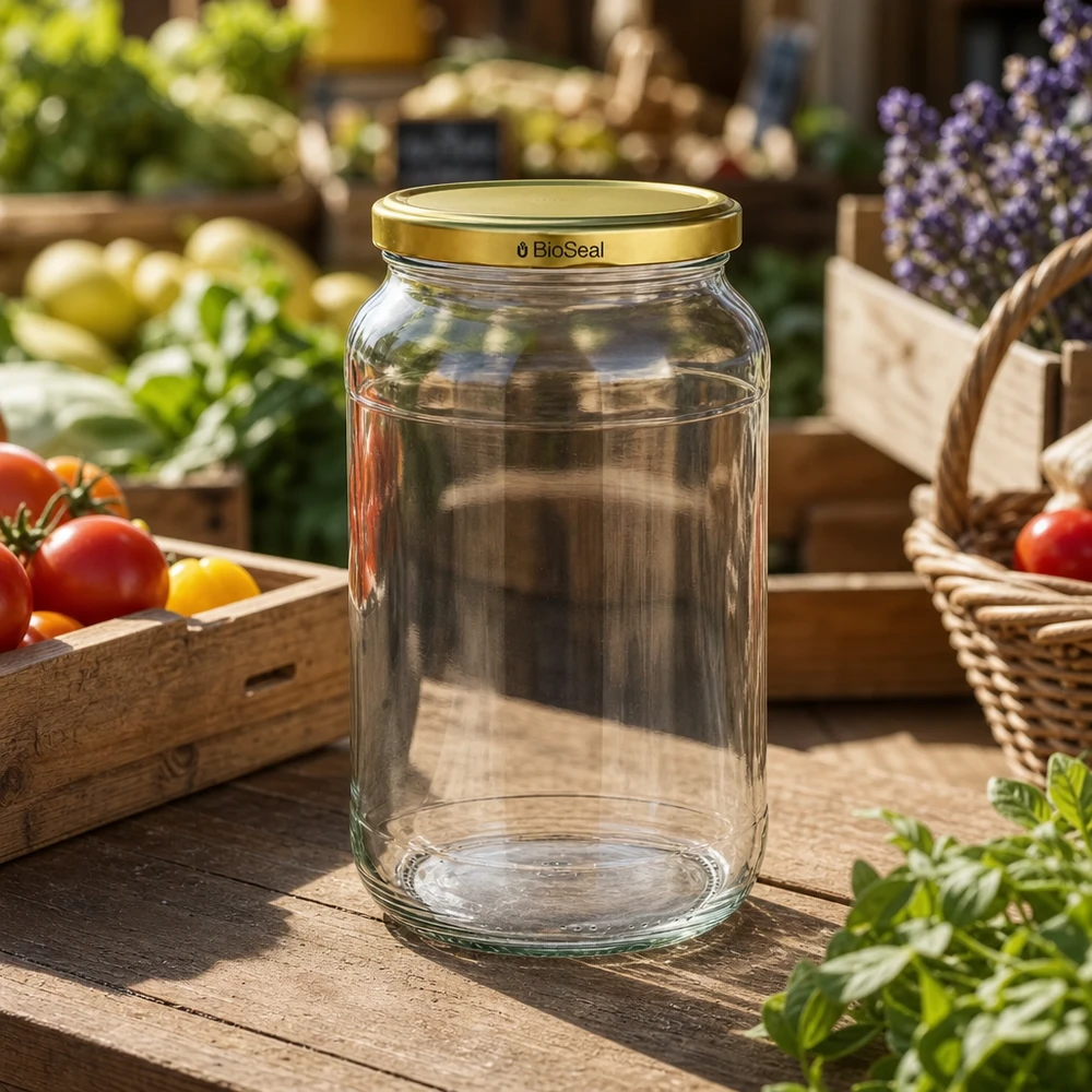 UNiTWIST Runda1062 frasco de vidro vazio para mercado de legumes frescos TO82 BioSeal tampa dourada ambiente de mercado de agricultores