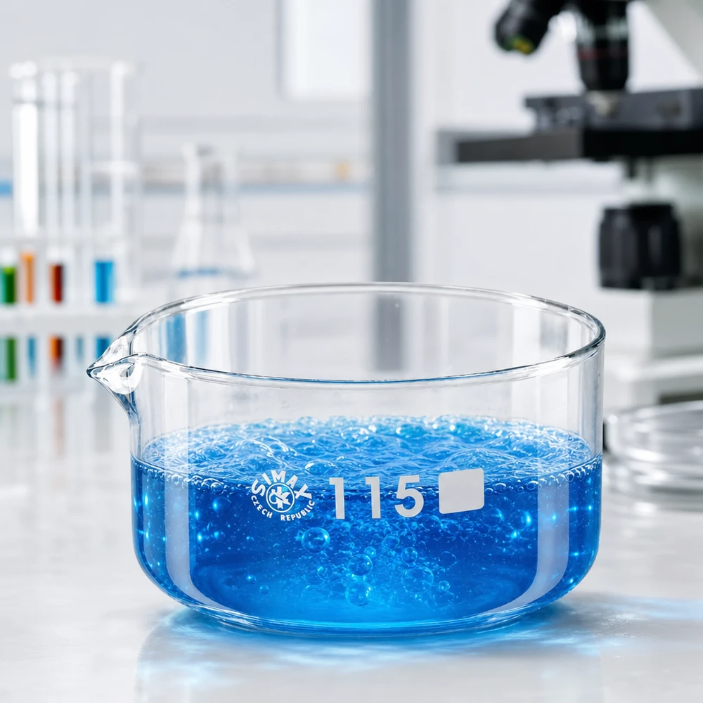 Prato de cristalização de 500ml com bico em borosilicato ø115mm Bacia de cristalização de 500 ml com líquido a ferver azul; bico de drenagem de ø115 mm; SIMAX, República Checa; laboratório