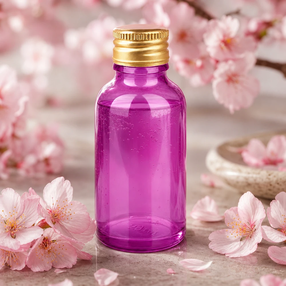 Frasco de 30 ml com tampa de rosca de 11 mm em alumínio dourado padrão PurpleLine. UT18/30 Frasco de 30 ml com tampa robusta em alumínio dourado e vidro roxo com proteção UV