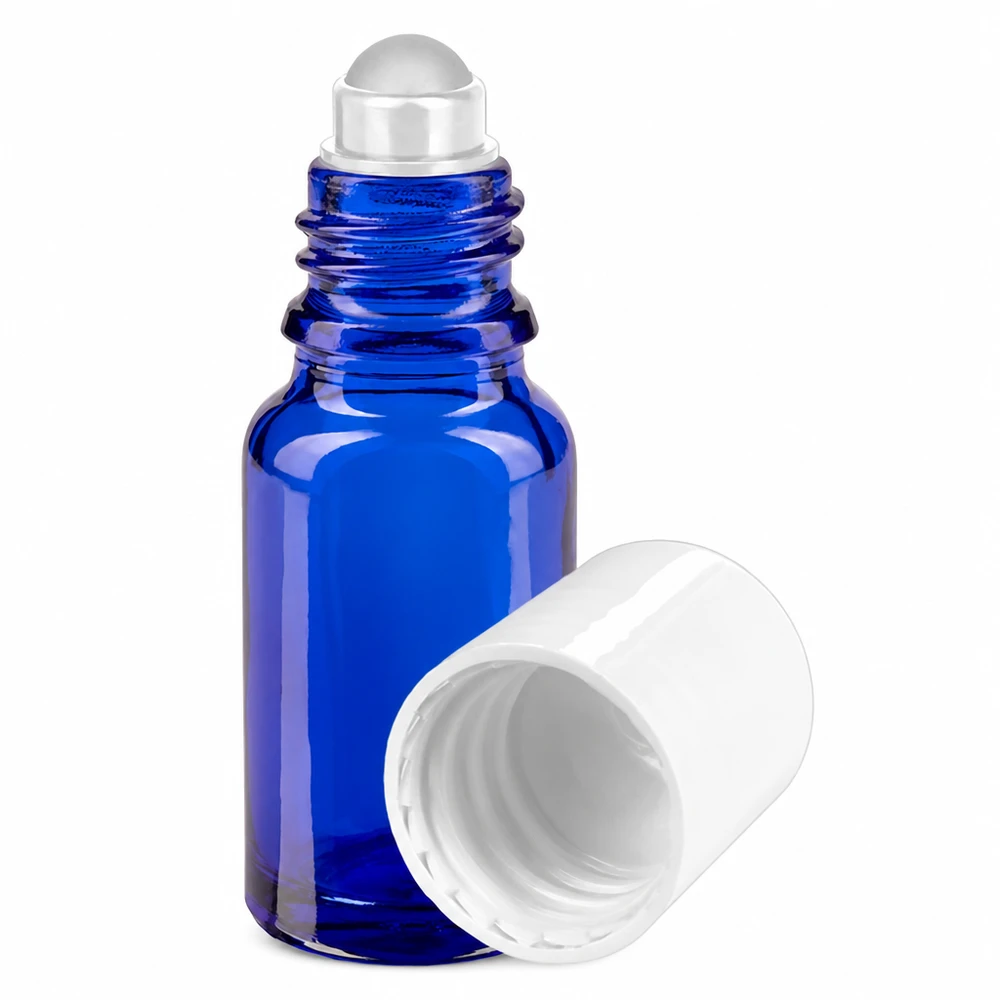 Frasco roll-on azul de 10 ml em vidro de farmácia, com tampa branca e aplicador de esfera rolante