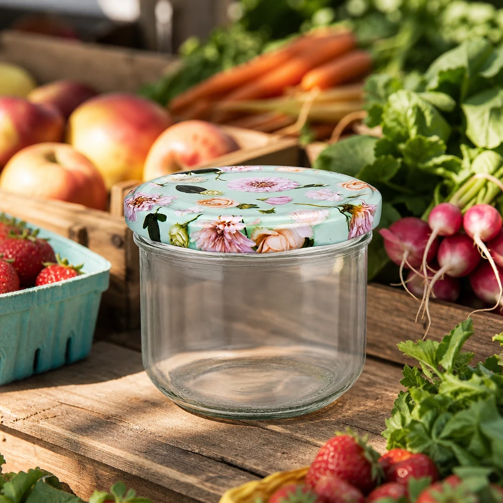 Copos de vidro de 260 ml + tampa BasicSeal flor menta UNiTWIST Copos de 260 ml com tampa floral BasicSeal hortelã numa mesa de madeira rodeada de legumes frescos, fruta e ervas aromáticas