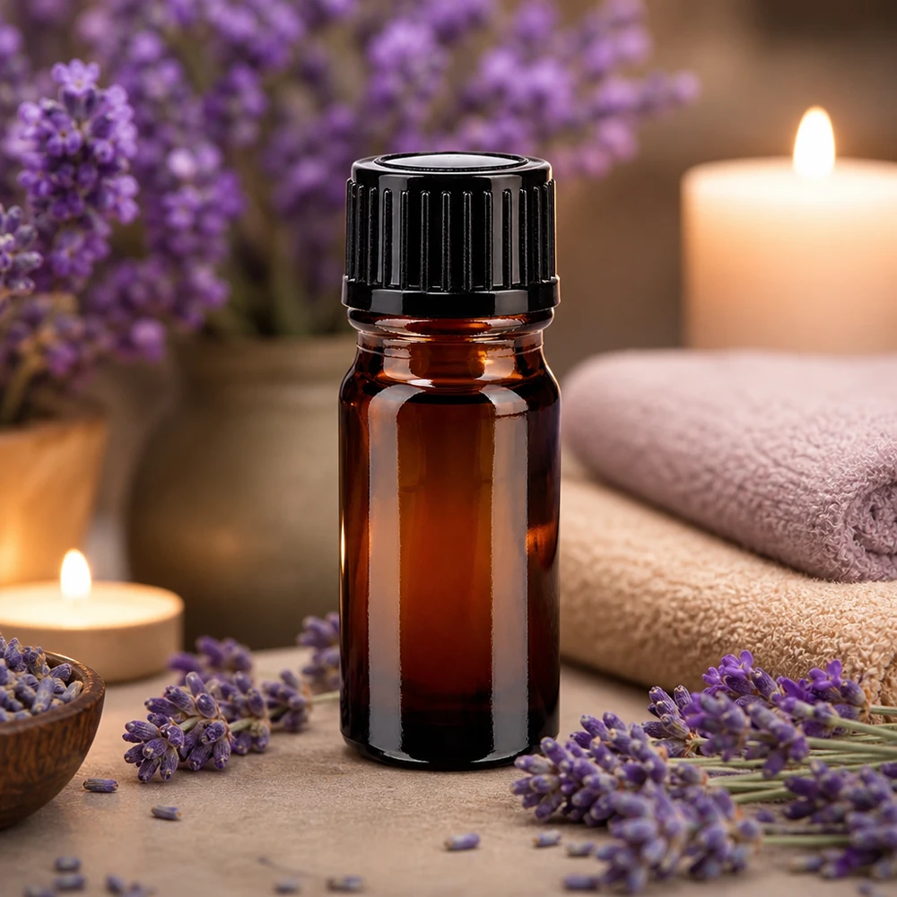 Frasco de farmácia castanho 5ml tampa de rosca preta standard Frasco de farmácia castanho de 5 ml com tampa conta-gotas preta, entre flores de lavanda e velas
