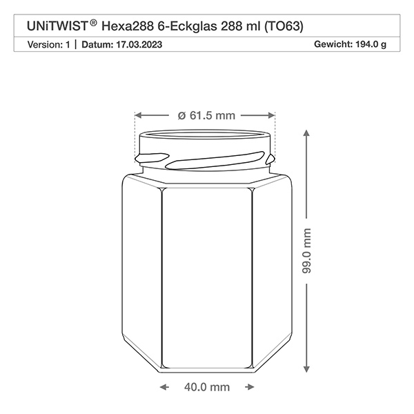 Frasco hexa de 288ml sem tampa (TO63) UNiTWIST UNiTWIST Hexa288 Copo de 6 cantos 288ml TO63 Desenho técnico com dimensões Diâmetro 61,5mm Altura 99mm Peso 194g