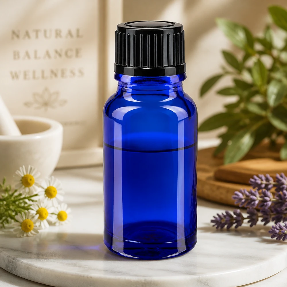 Frasco de farmácia azul 10ml tampa de rosca preto standard Frasco de farmácia de 10 ml, azul, resistente à luz, com tampa preta de 11 mm para cosméticos naturais