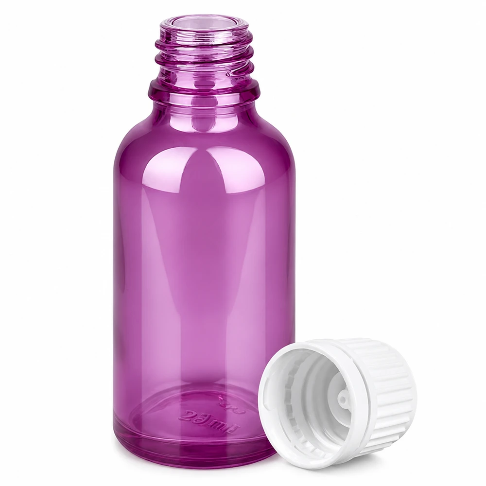 Frasco conta-gotas violeta de 30 ml com tampa branca ideal para aromaterapia e cosmética natural