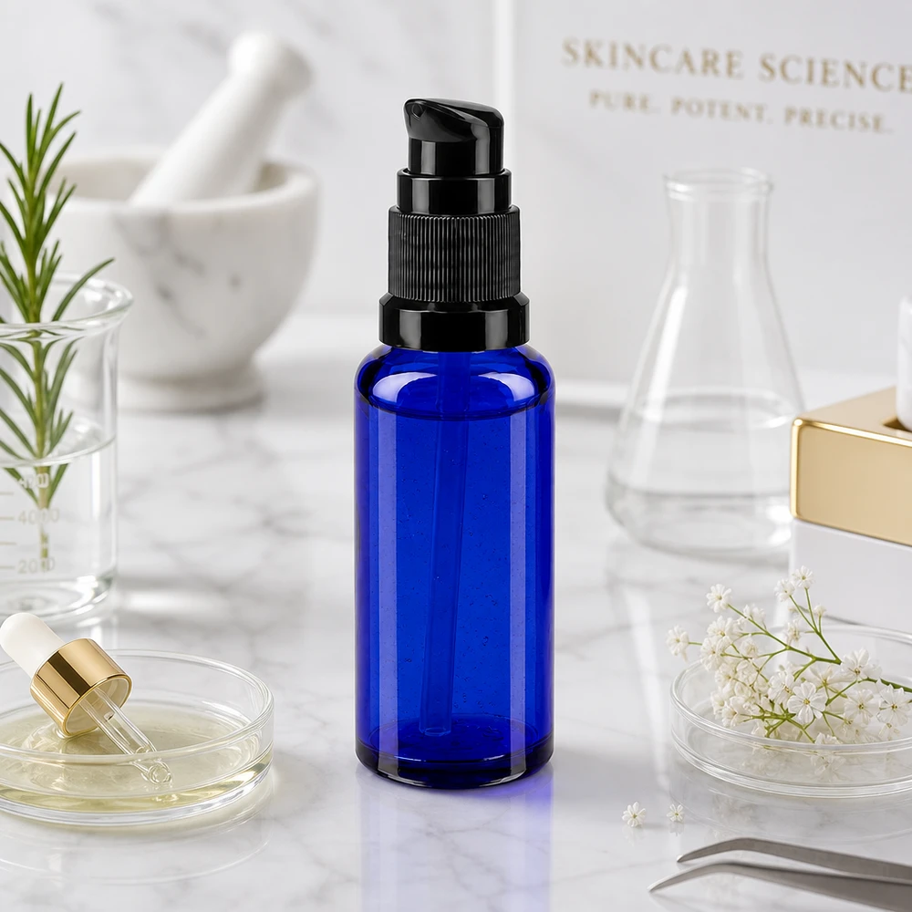 Frasco de vidro ApoGlas azul cobalto de 30 ml com cabeça dispensadora preta num ambiente de laboratório