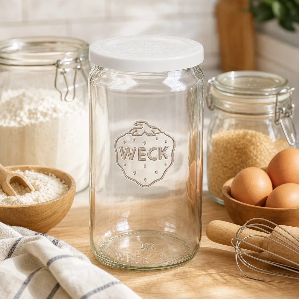 Frasco cilíndrico WECK 340ml vazio com tampa RR60 branca na cozinha de pastelaria com ovos, farinha e utensílios de cozinha em madeira