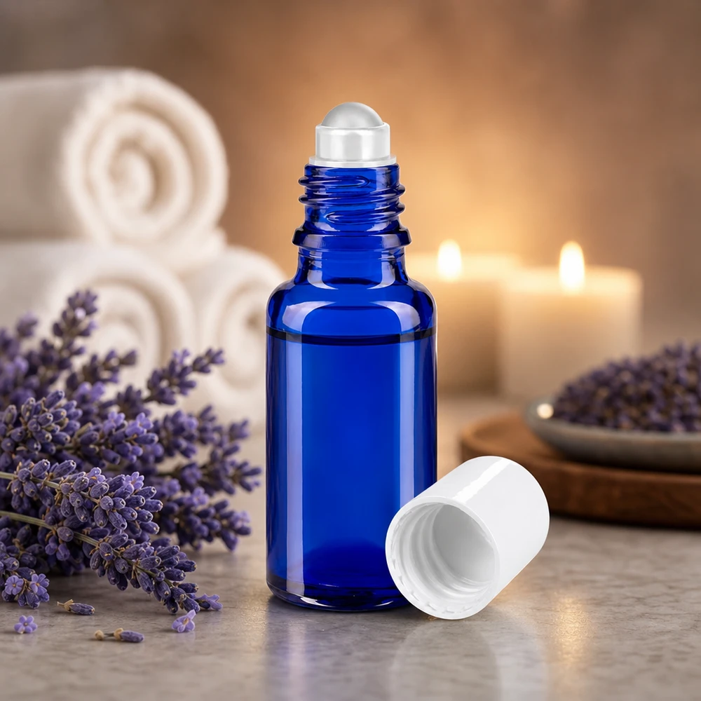 Frasco de vidro de farmácia azul de 20 ml com esferas rolantes de aço inoxidável, ao lado de flores de lavanda e velas