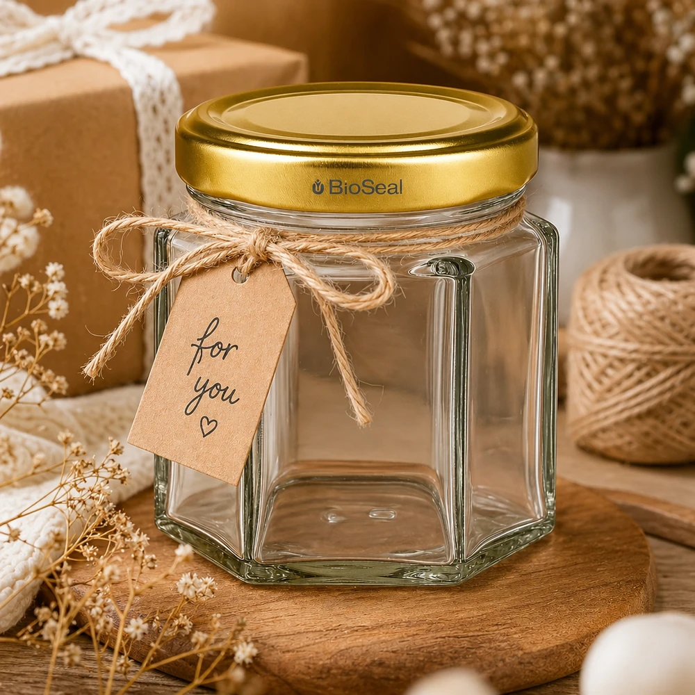 60g Honigglas mit goldenem Deckel BioSeal UNiTWIST Frasco de mel de 60 g BioSeal vazio com etiqueta de oferta para si num cenário decorativo rústico com fio de juta e flores secas