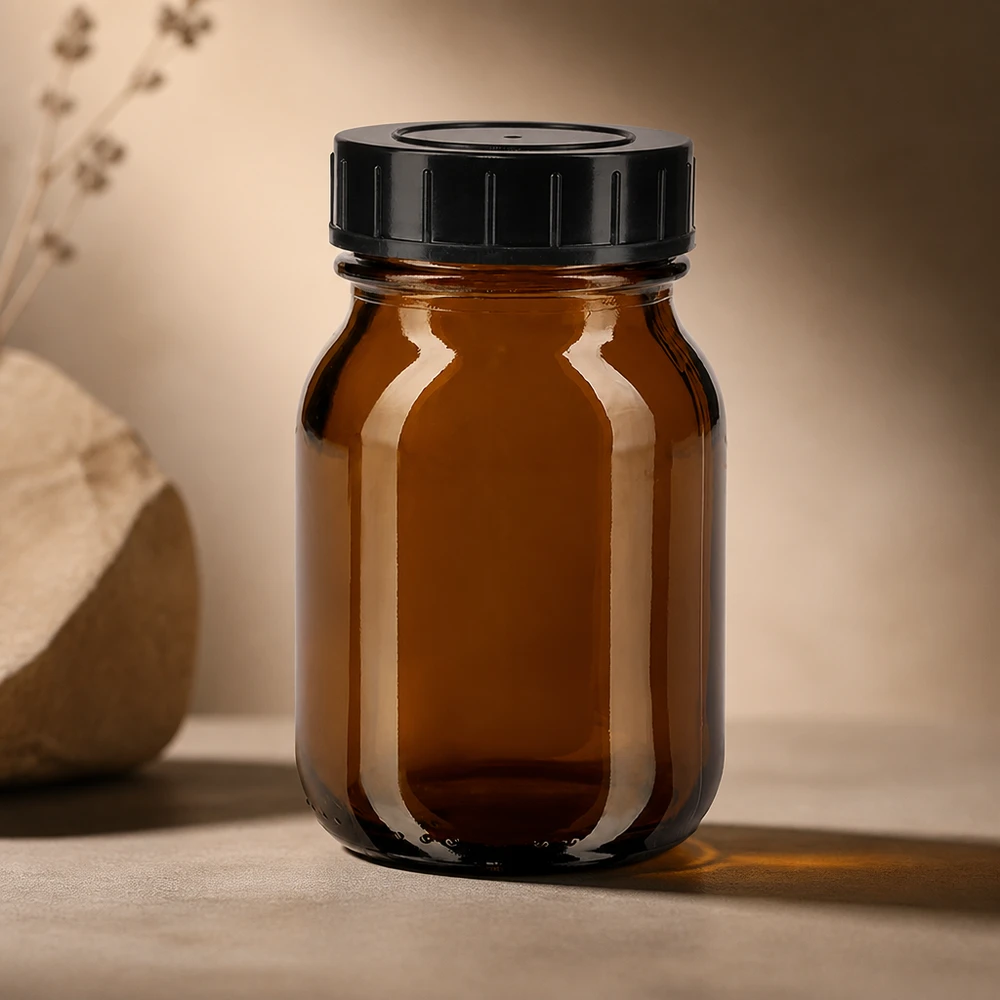 Frasco de 75ml com gargalo largo em vidro âmbar com tampa de rosca Frasco de vidro âmbar de 75 ml de alta qualidade com tampa de rosca para uma conservação óptima dos suplementos