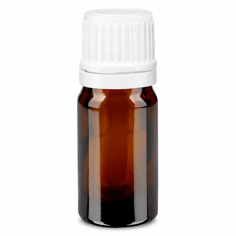 Frasco de farmácia castanho de 5 ml, em vidro âmbar, com tampa de rosca branca de 11 mm