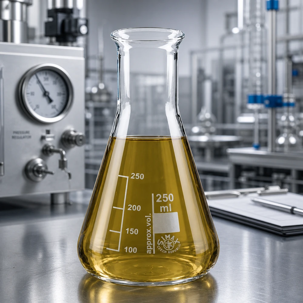 Erlenmeyer de 250 ml resistente ao calor em vidro borossilicato com líquido amarelo num design moderno de laboratório