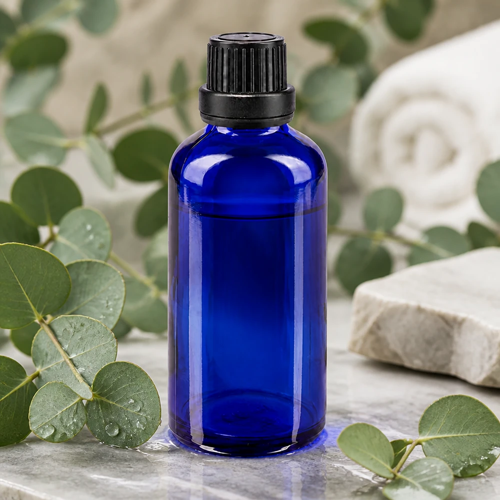 Frasco de farmácia azul 50ml tampa de rosca preta fecho inviolável Frasco de farmácia azul cobalto de 50 ml com tampa de rosca OV preta, entre ramos de eucalipto
