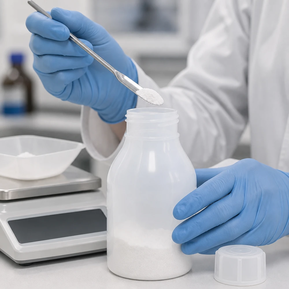 O pó branco de laboratório é colocado com uma espátula num frasco de HDPE de gargalo estreito com tampa de rosca, com capacidade para 30 ml