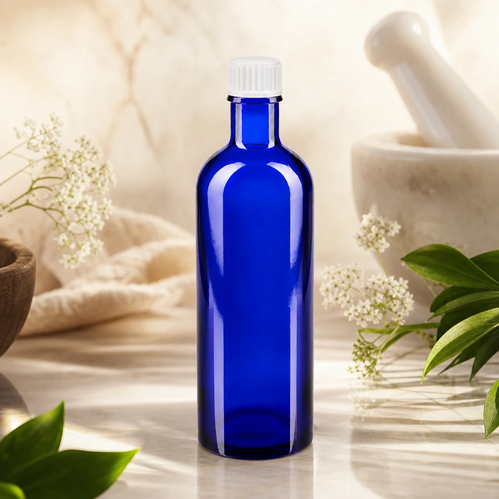 Frasco de farmácia azul de 200 ml com tampa de rosca branca, entre ervas medicinais e um almofariz