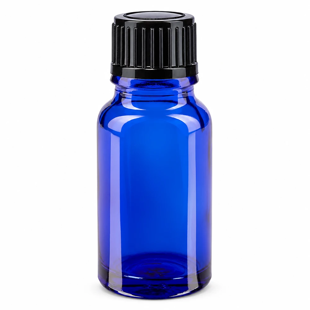 Frasco de vidro azul de farmácia de 10 ml com tampa de rosca preta padrão de 11 mm