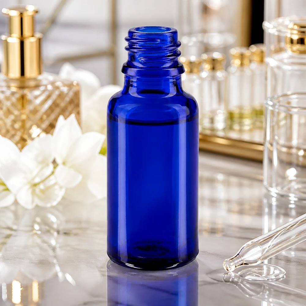 Frasco conta-gotas 20ml DIN 18 BLAUGLAS Frasco elegante ApoGlas de 20 ml com design azul profundo para cosméticos e remédios naturais