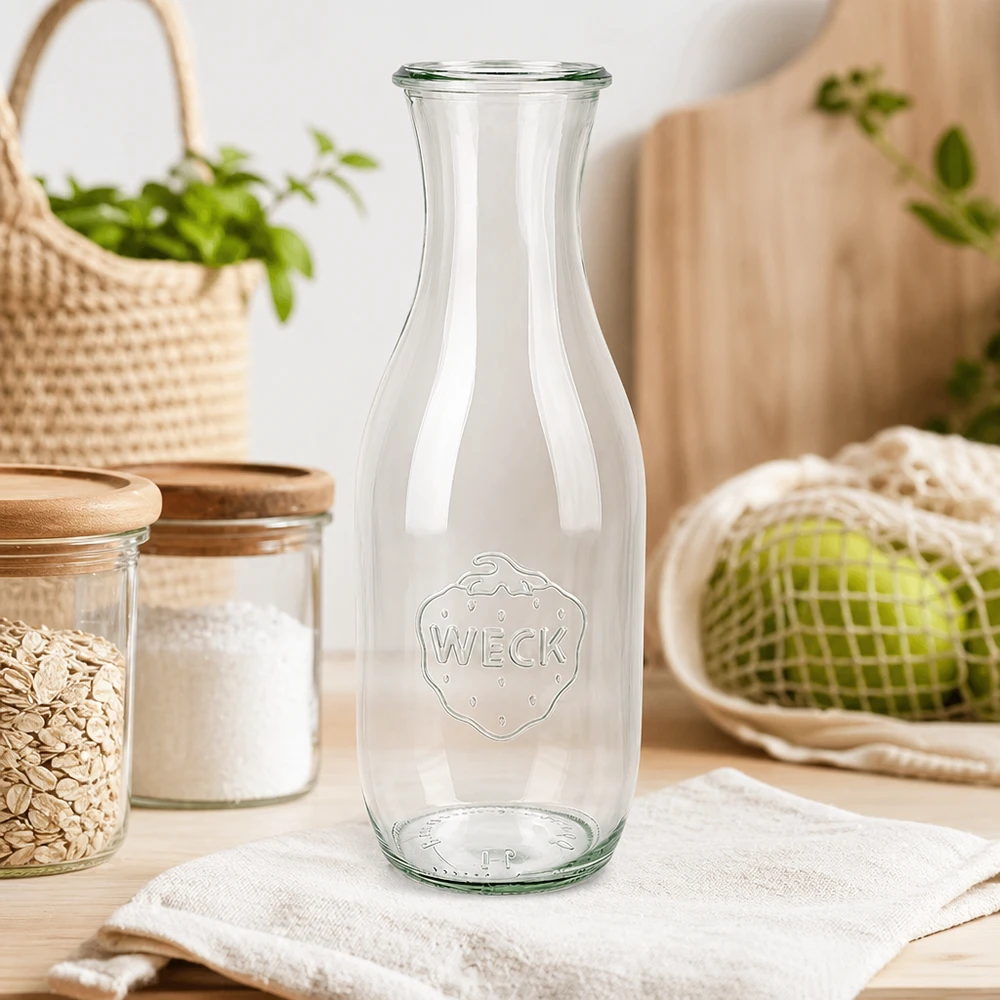 Garrafa para sumo WECK RR60 de 1062 ml Garrafa de sumo WECK 1062ml RR60 em tecido branco numa cozinha sustentável com jarras de armazenamento e legumes biológicos