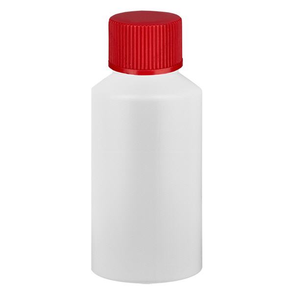 Frasco de farmácia PEAD 50ml branco, com tampa de rosca vermelha Frasco de farmácia PEAD 50ml branco, com tampa de rosca vermelha